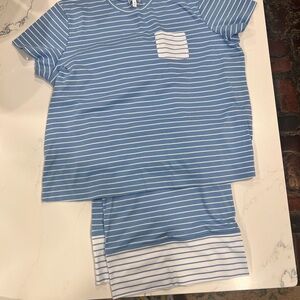 Pima Crew Wide Leg Pajama Set in Mixed Baltic Blue Stripe